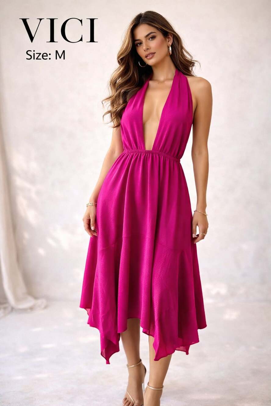 VICI Tyche Magenta Backless Deep V-Neck Halter High-Low Midi Dress